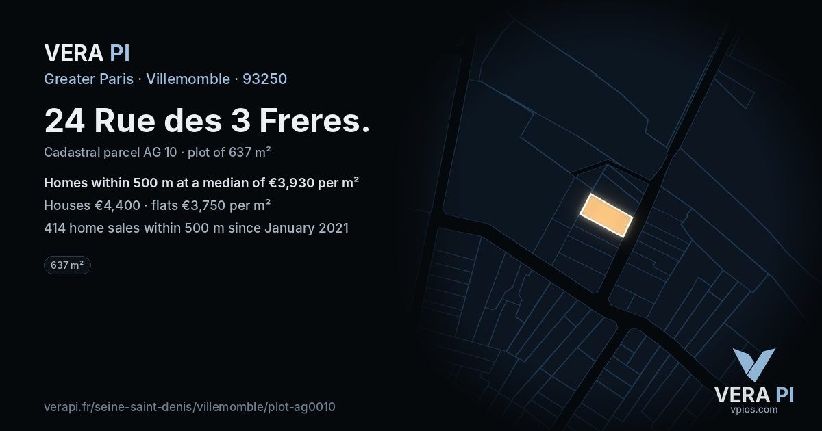 24 Rue des 3 Freres, Villemomble at night – the plot lit, the parcels around coloured by the prices near them