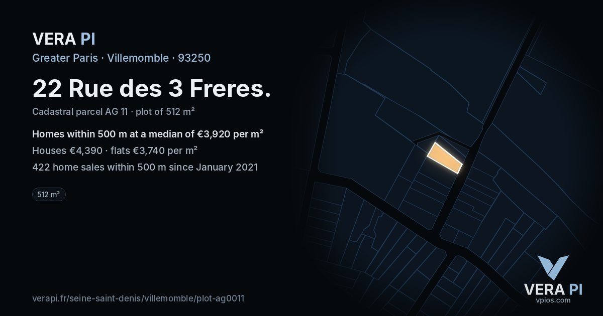 22 Rue des 3 Freres, Villemomble at night – the plot lit, the parcels around coloured by the prices near them