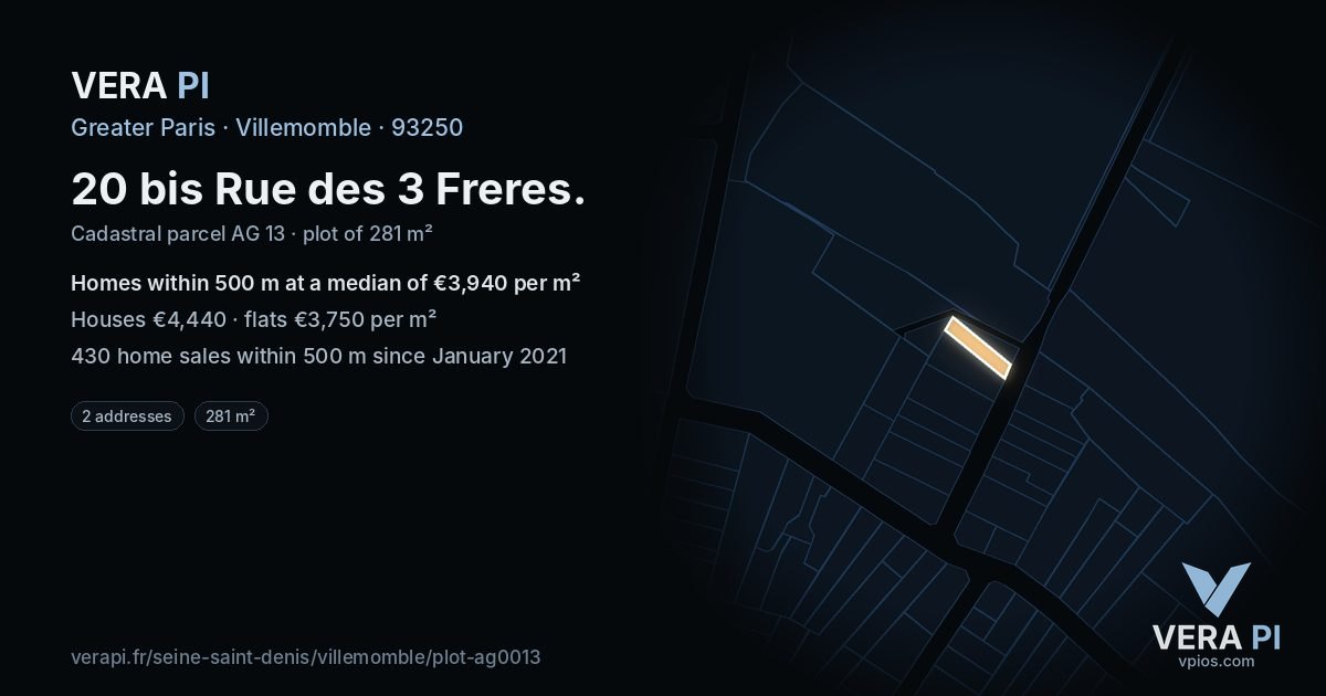 20 bis Rue des 3 Freres, Villemomble at night – the plot lit, the parcels around coloured by the prices near them