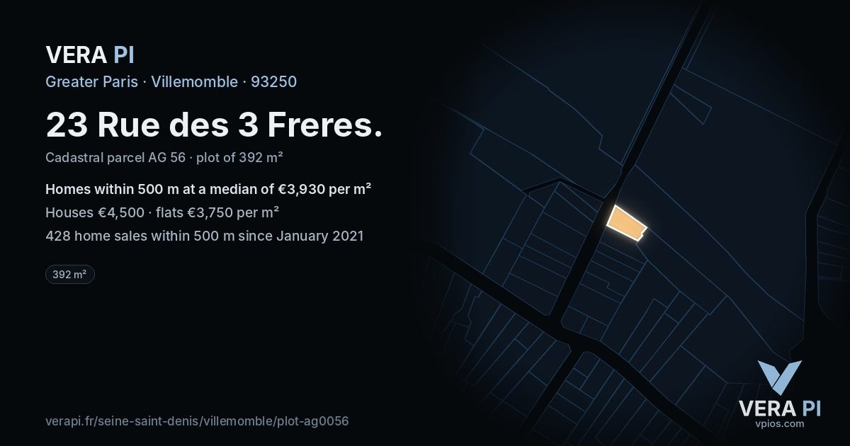23 Rue des 3 Freres, Villemomble at night – the plot lit, the parcels around coloured by the prices near them