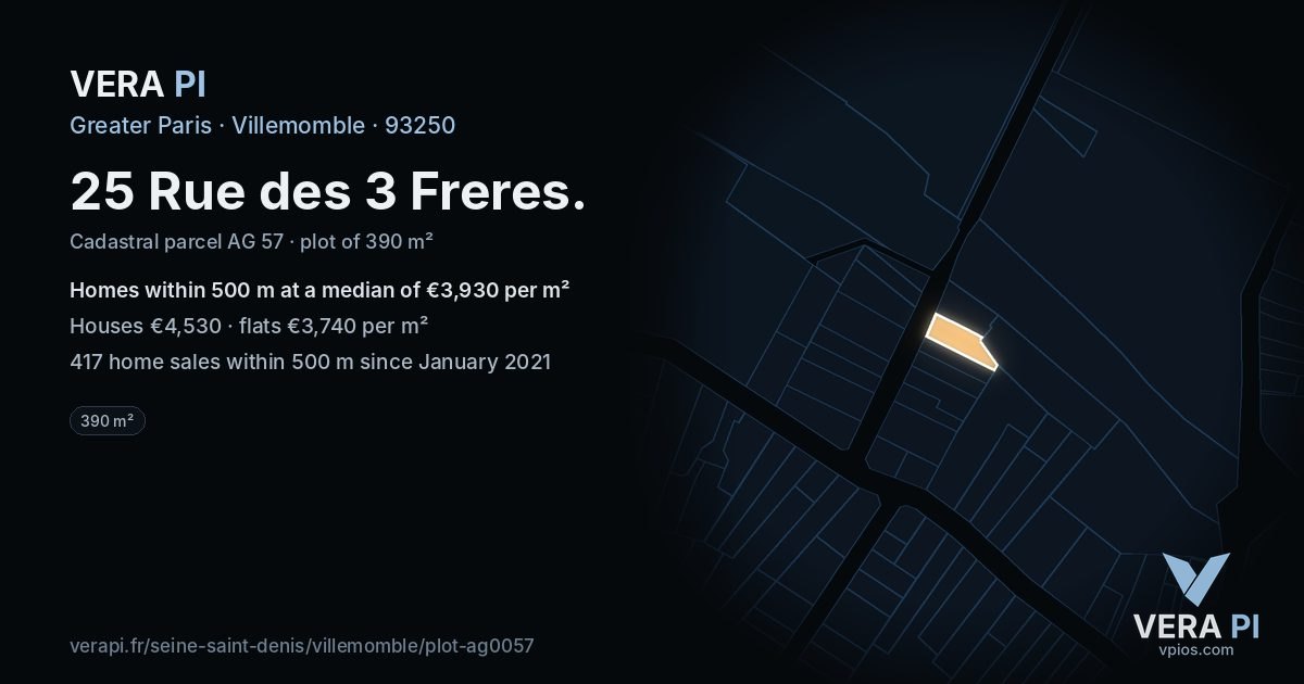 25 Rue des 3 Freres, Villemomble at night – the plot lit, the parcels around coloured by the prices near them