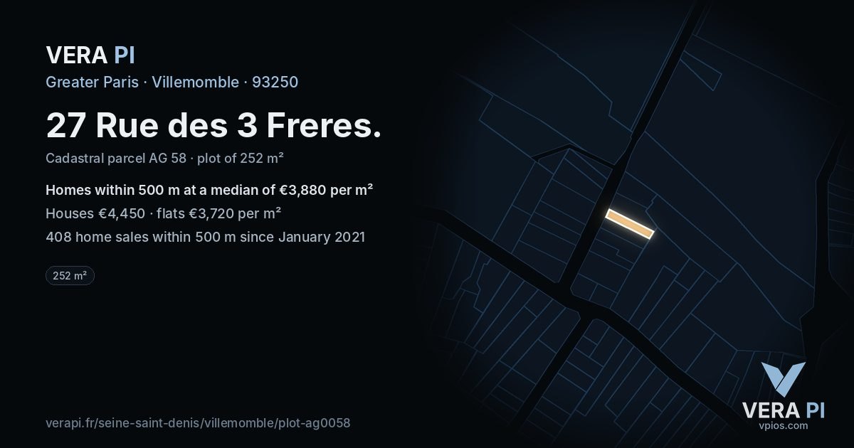 27 Rue des 3 Freres, Villemomble at night – the plot lit, the parcels around coloured by the prices near them