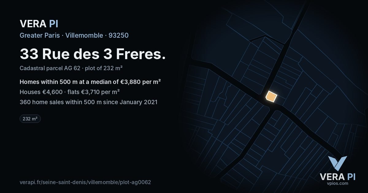 33 Rue des 3 Freres, Villemomble at night – the plot lit, the parcels around coloured by the prices near them