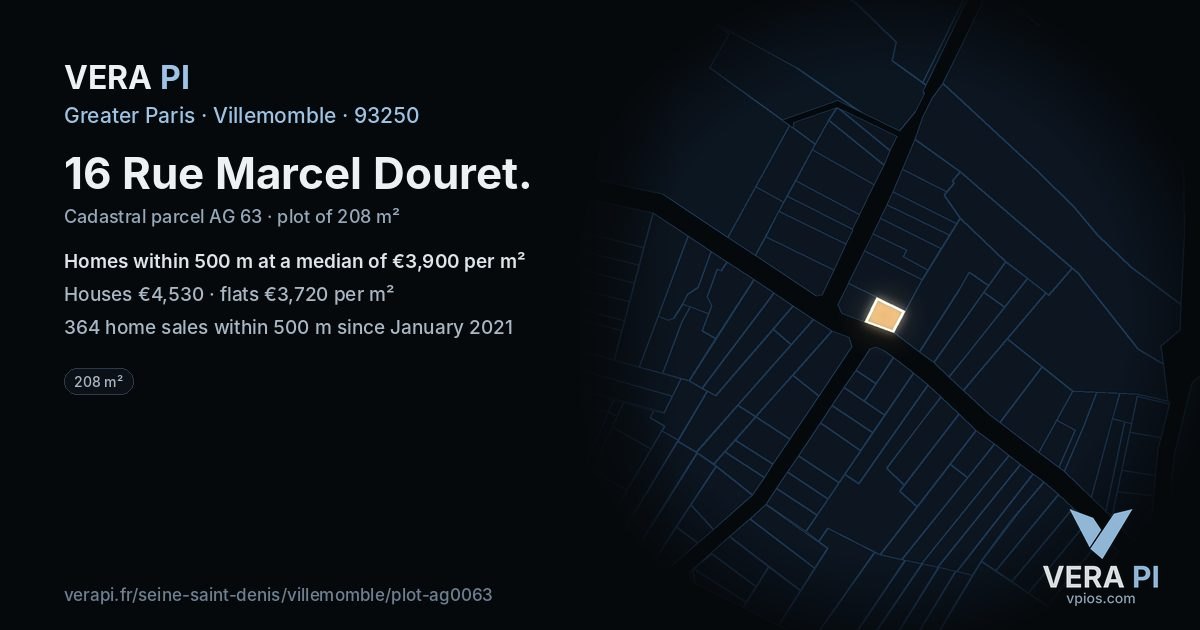 16 Rue Marcel Douret, Villemomble at night – the plot lit, the parcels around coloured by the prices near them