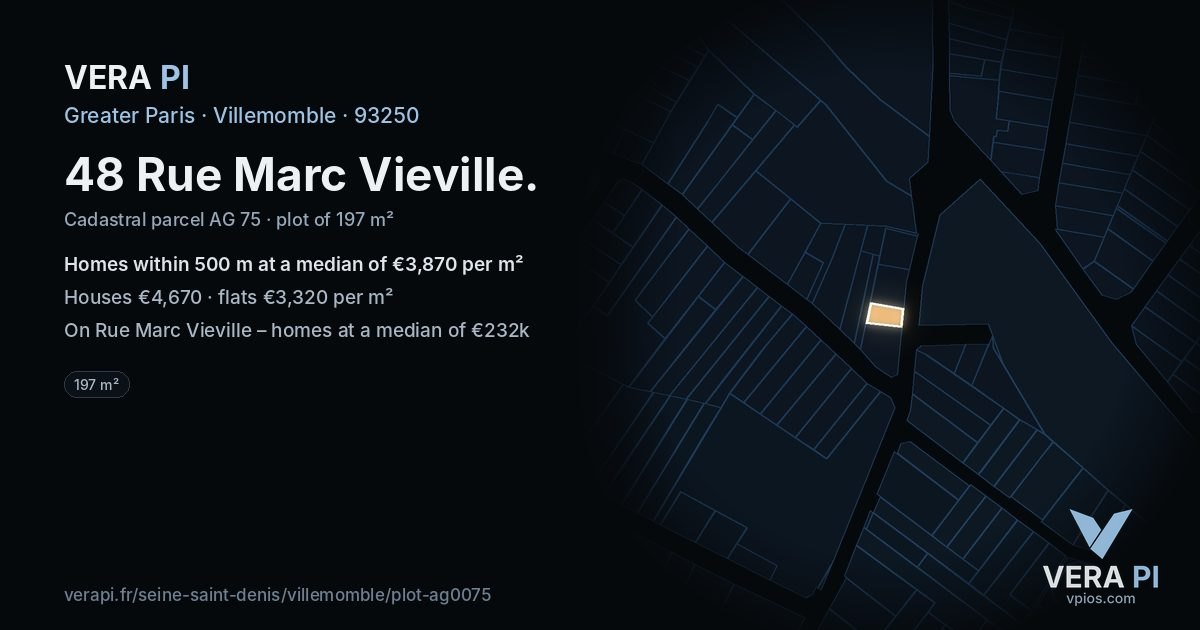 48 Rue Marc Vieville, Villemomble at night – the plot lit, the parcels around coloured by the prices near them