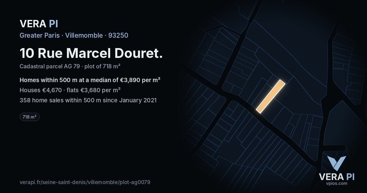 10 Rue Marcel Douret, Villemomble at night – the plot lit, the parcels around coloured by the prices near them