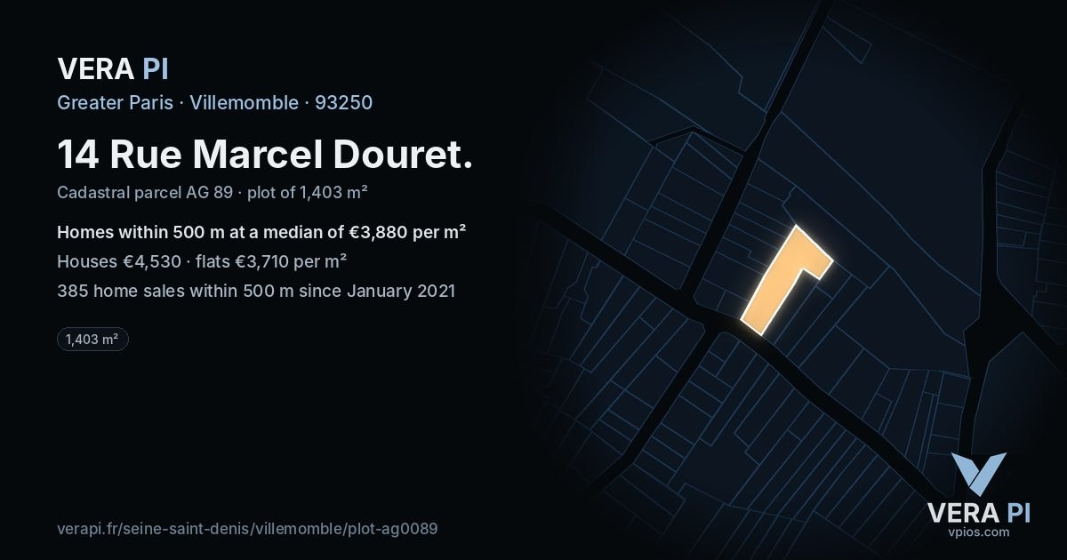 14 Rue Marcel Douret, Villemomble at night – the plot lit, the parcels around coloured by the prices near them