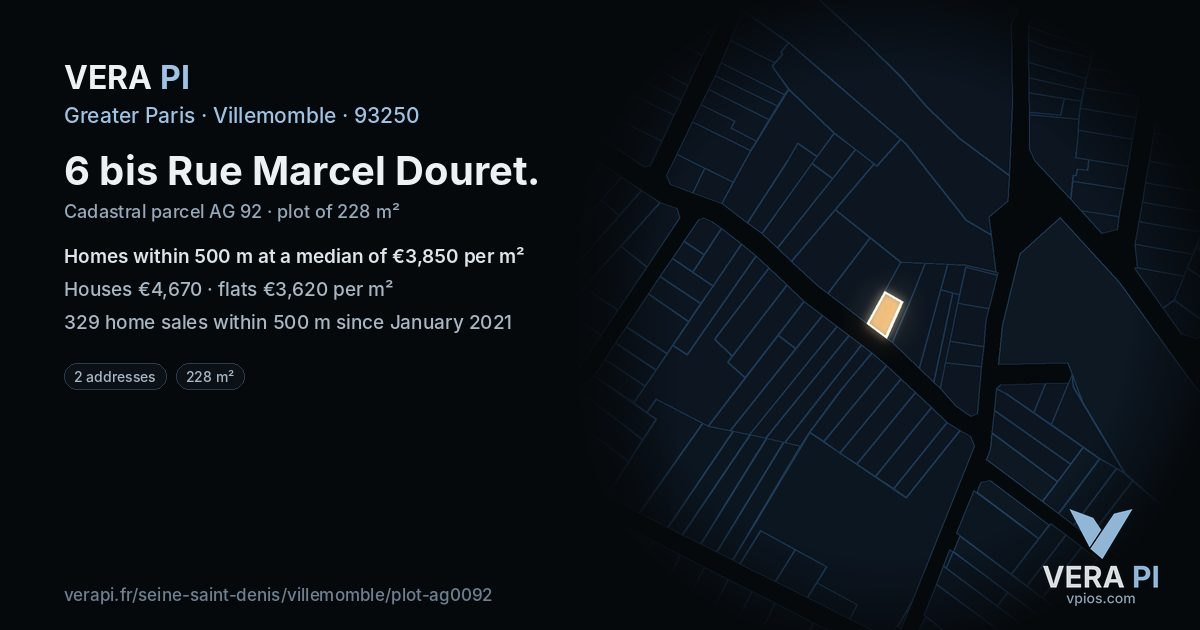 6 bis Rue Marcel Douret, Villemomble at night – the plot lit, the parcels around coloured by the prices near them