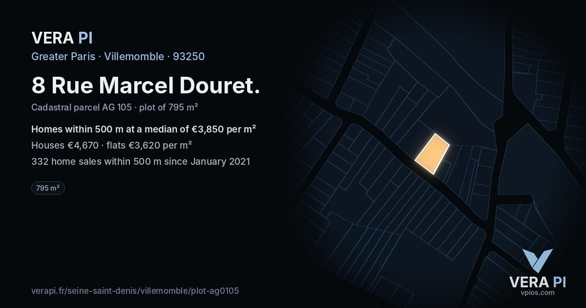 8 Rue Marcel Douret, Villemomble at night – the plot lit, the parcels around coloured by the prices near them