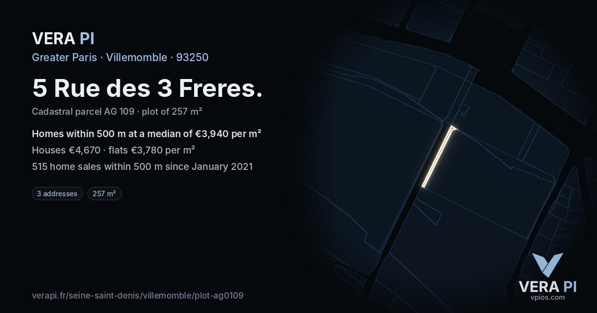 5 Rue des 3 Freres, Villemomble at night – the plot lit, the parcels around coloured by the prices near them