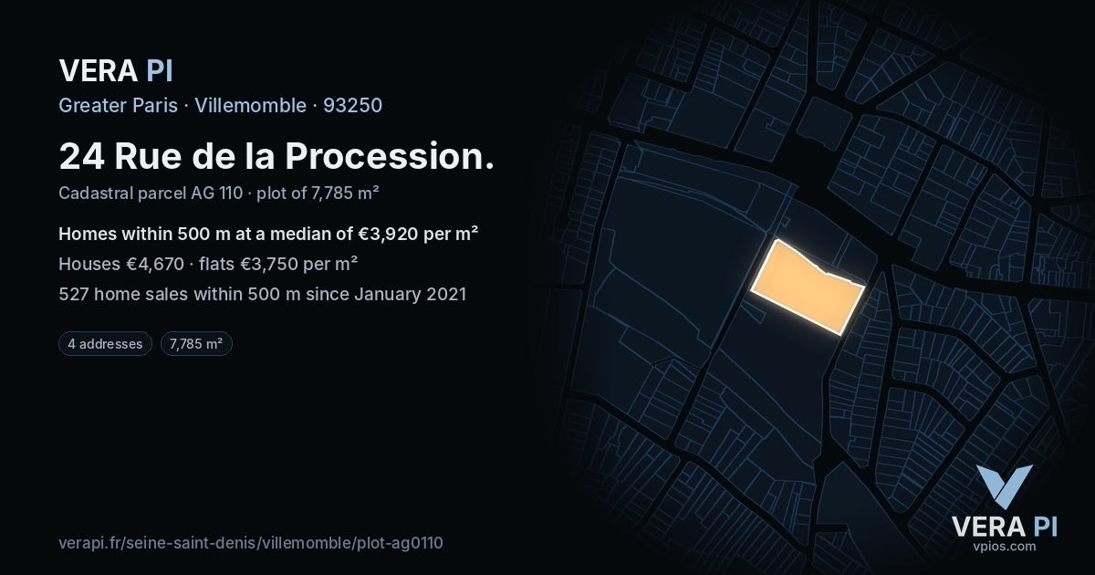 24 Rue de la Procession, Villemomble at night – the plot lit, the parcels around coloured by the prices near them