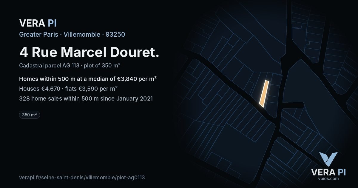 4 Rue Marcel Douret, Villemomble at night – the plot lit, the parcels around coloured by the prices near them
