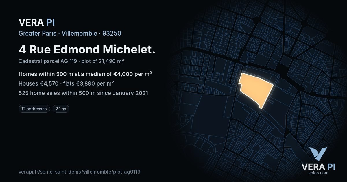 4 Rue Edmond Michelet, Villemomble at night – the plot lit, the parcels around coloured by the prices near them