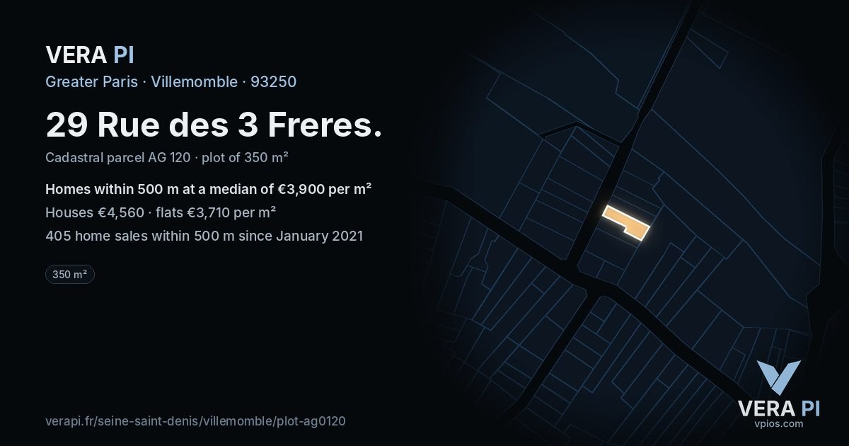 29 Rue des 3 Freres, Villemomble at night – the plot lit, the parcels around coloured by the prices near them