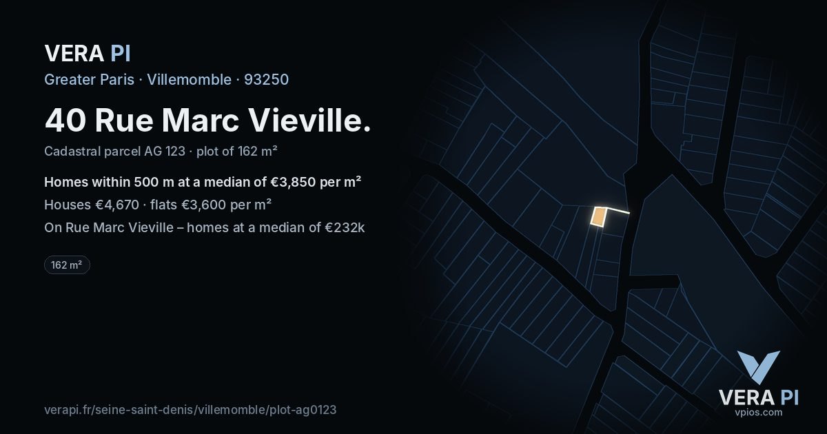 40 Rue Marc Vieville, Villemomble at night – the plot lit, the parcels around coloured by the prices near them