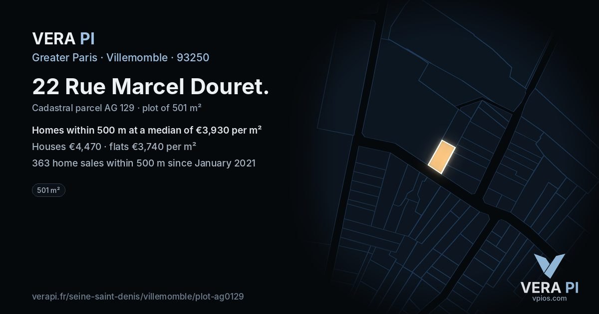 22 Rue Marcel Douret, Villemomble at night – the plot lit, the parcels around coloured by the prices near them