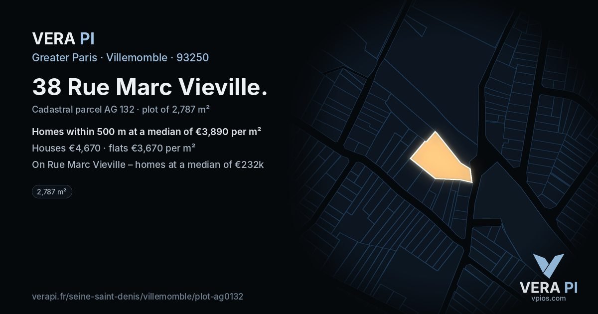 38 Rue Marc Vieville, Villemomble at night – the plot lit, the parcels around coloured by the prices near them