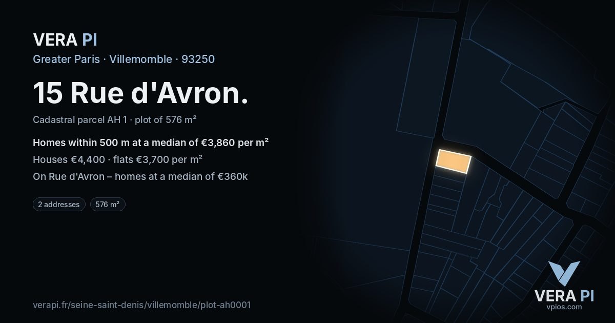 15 Rue d'Avron, Villemomble at night – the plot lit, the parcels around coloured by the prices near them