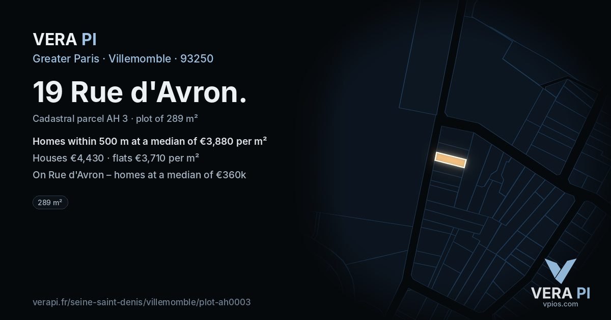19 Rue d'Avron, Villemomble at night – the plot lit, the parcels around coloured by the prices near them