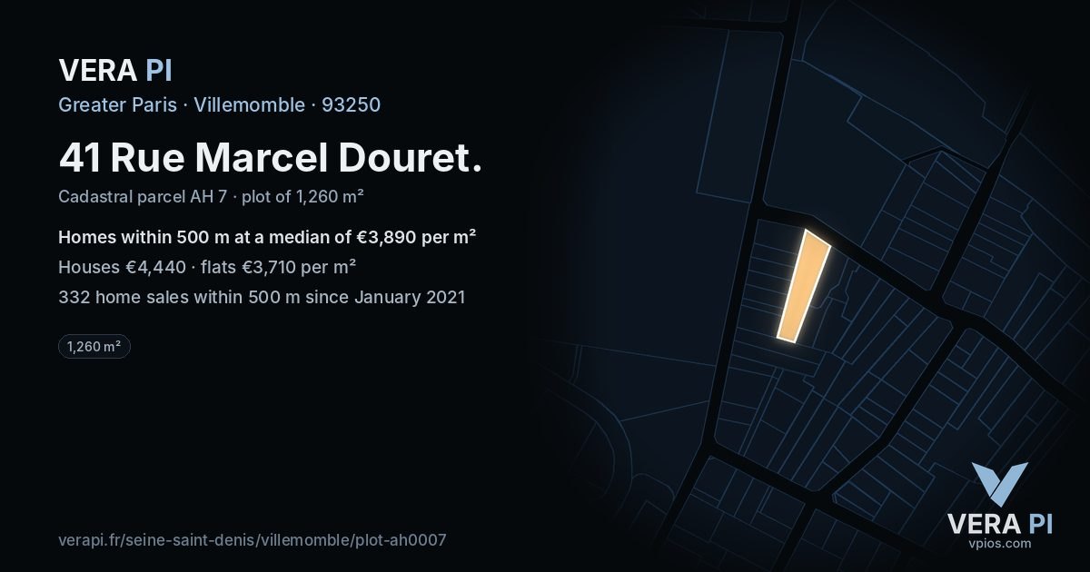 41 Rue Marcel Douret, Villemomble at night – the plot lit, the parcels around coloured by the prices near them