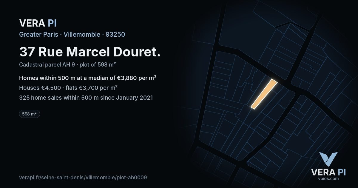37 Rue Marcel Douret, Villemomble at night – the plot lit, the parcels around coloured by the prices near them