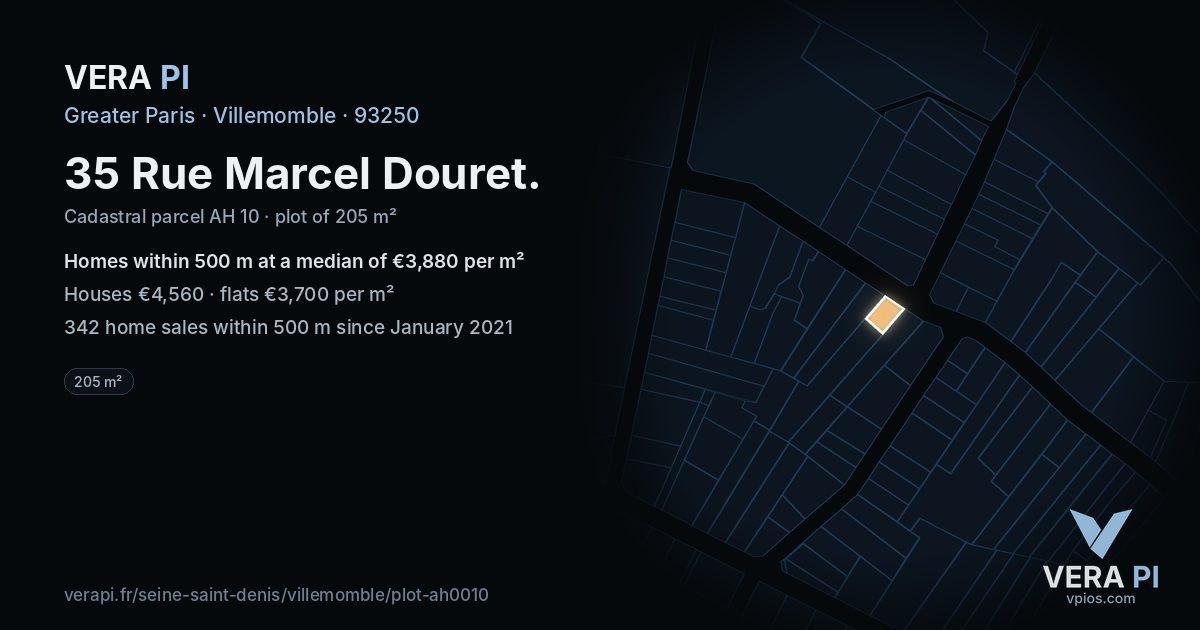 35 Rue Marcel Douret, Villemomble at night – the plot lit, the parcels around coloured by the prices near them