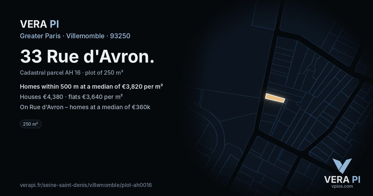 33 Rue d'Avron, Villemomble at night – the plot lit, the parcels around coloured by the prices near them