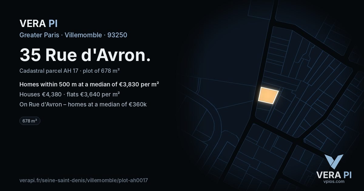 35 Rue d'Avron, Villemomble at night – the plot lit, the parcels around coloured by the prices near them