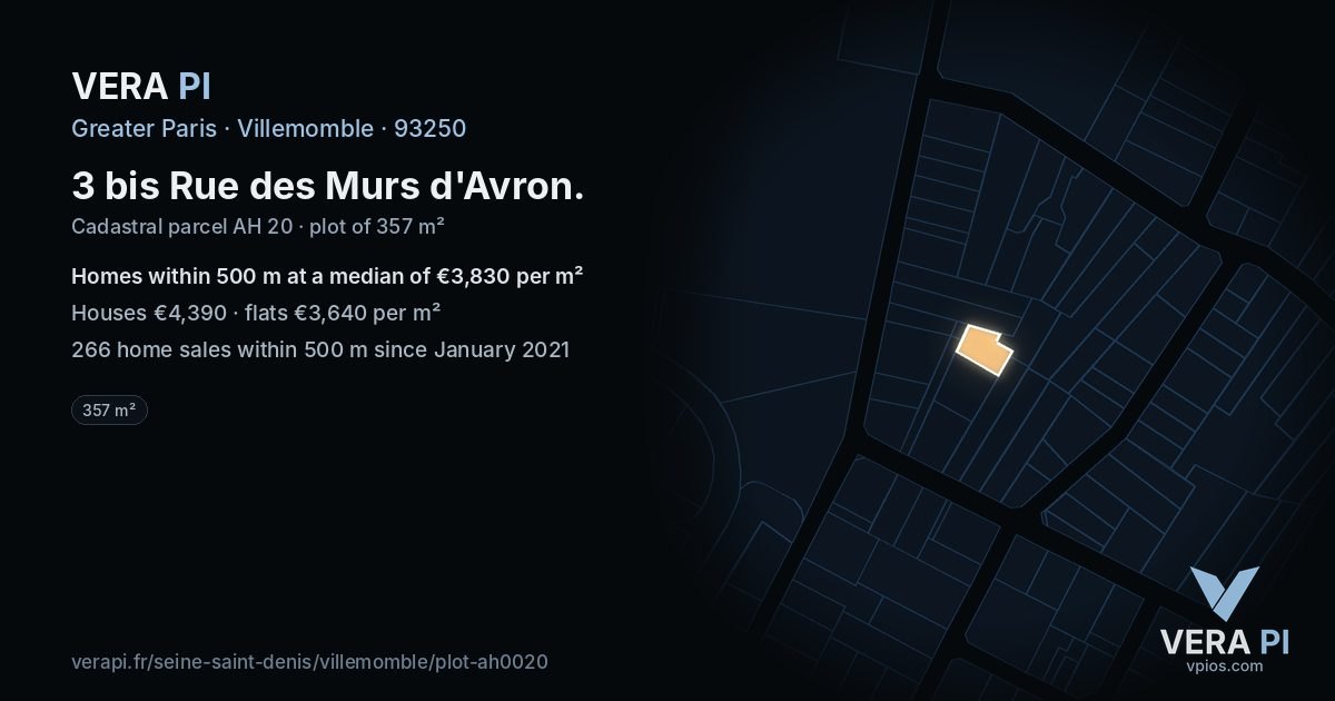 3 bis Rue des Murs d'Avron, Villemomble at night – the plot lit, the parcels around coloured by the prices near them