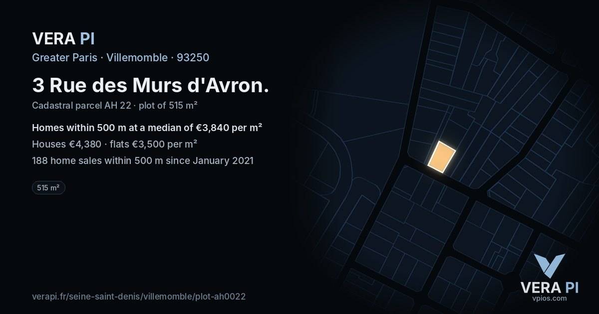 3 Rue des Murs d'Avron, Villemomble at night – the plot lit, the parcels around coloured by the prices near them