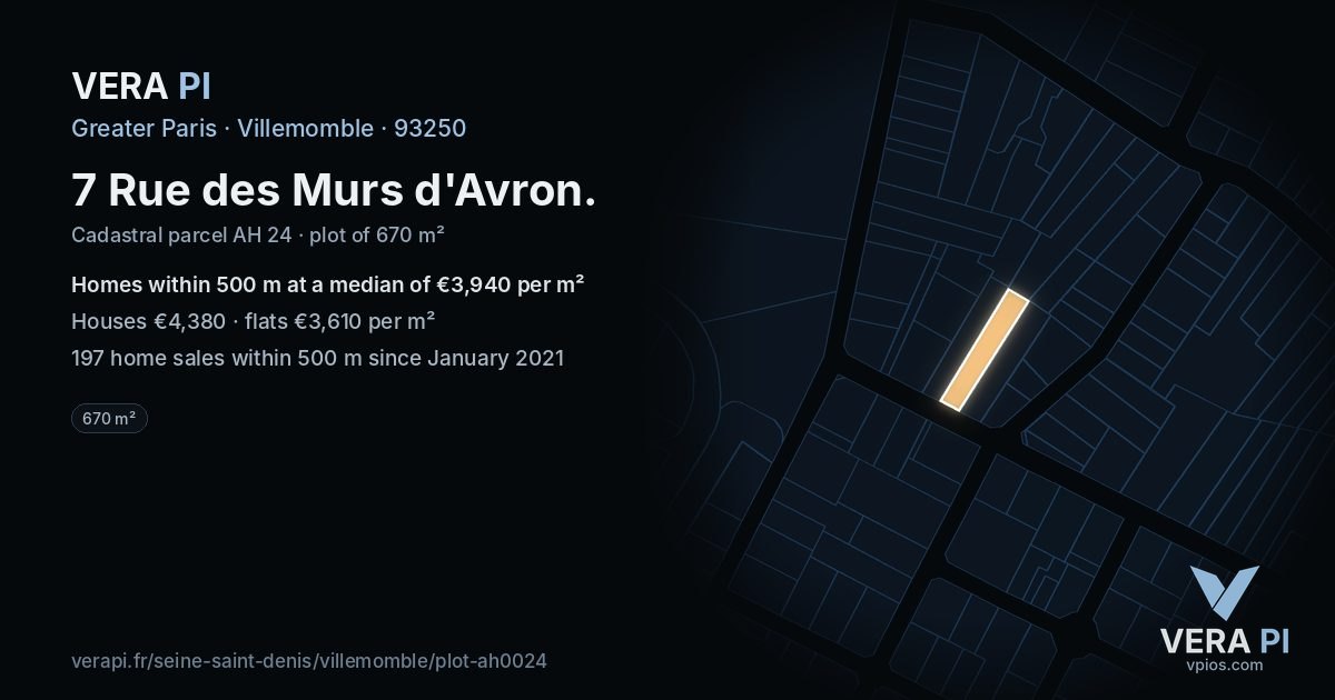 7 Rue des Murs d'Avron, Villemomble at night – the plot lit, the parcels around coloured by the prices near them