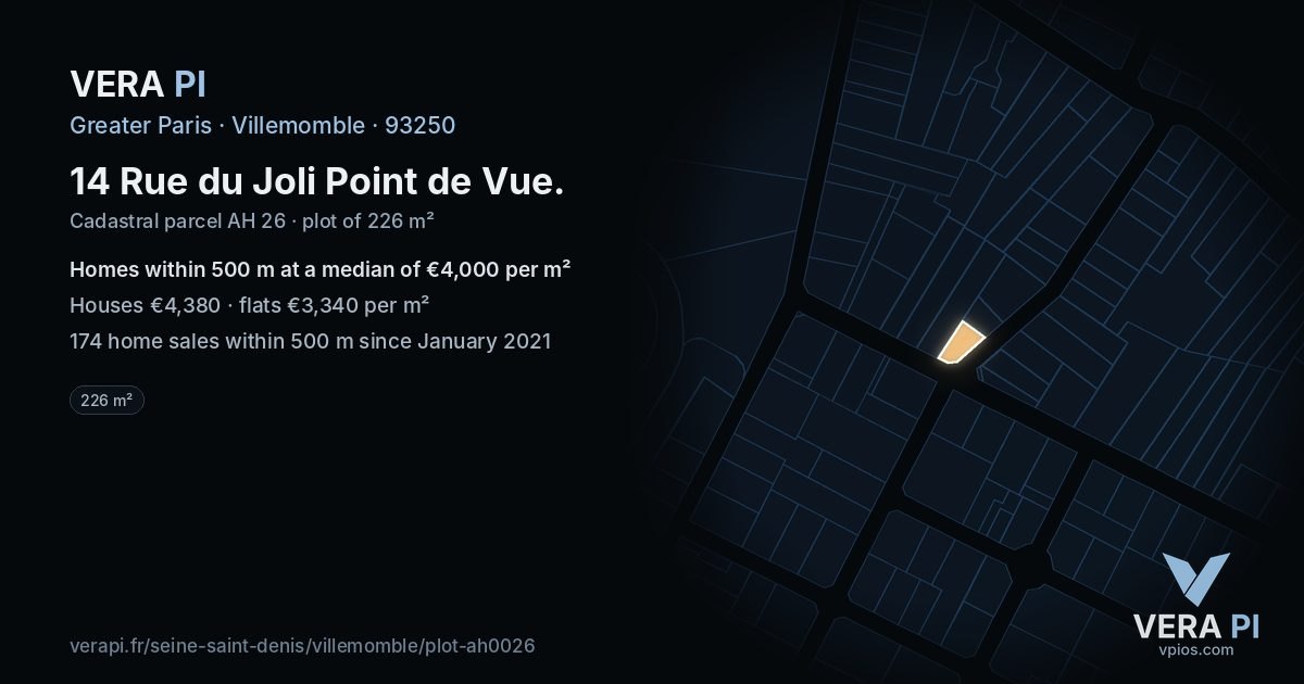 14 Rue du Joli Point de Vue, Villemomble at night – the plot lit, the parcels around coloured by the prices near them