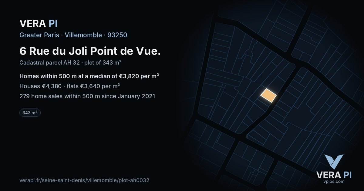 6 Rue du Joli Point de Vue, Villemomble at night – the plot lit, the parcels around coloured by the prices near them