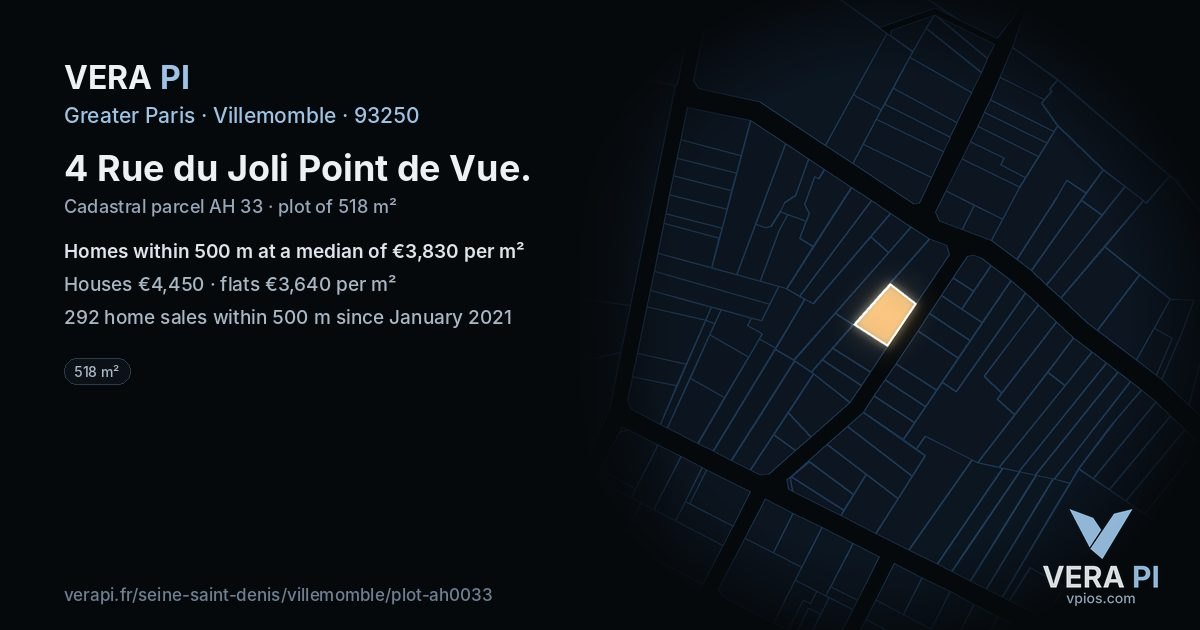 4 Rue du Joli Point de Vue, Villemomble at night – the plot lit, the parcels around coloured by the prices near them