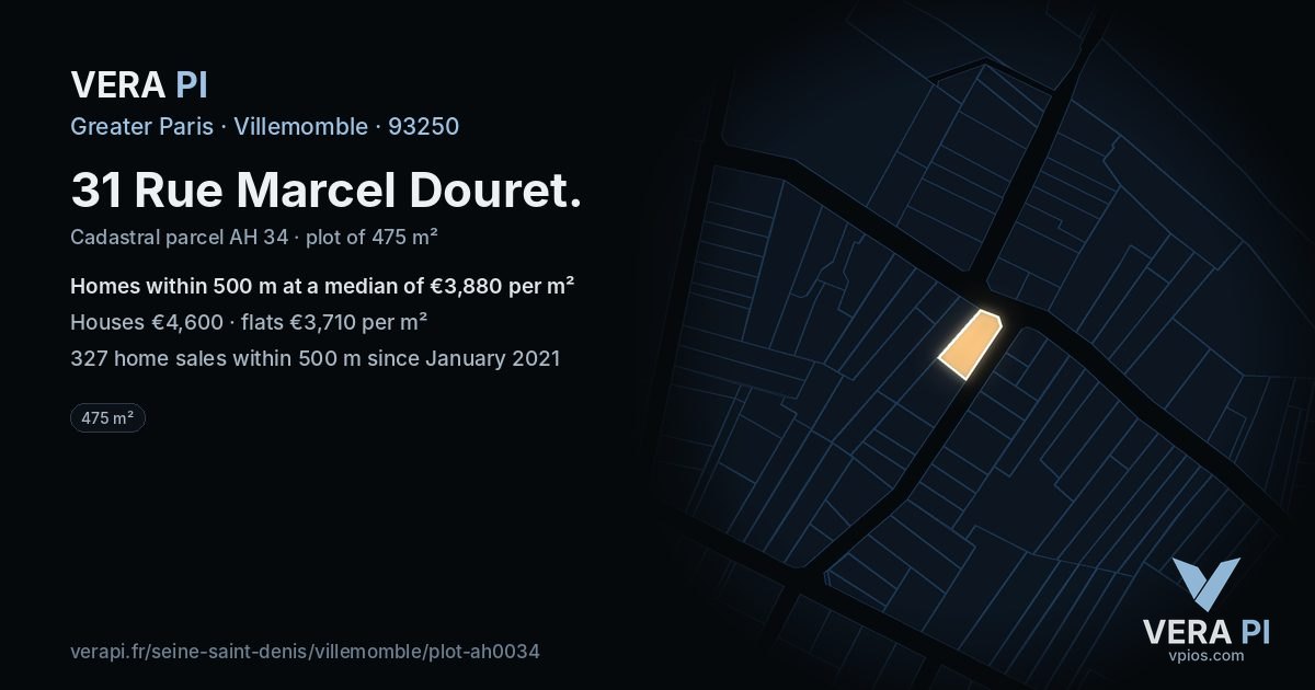 31 Rue Marcel Douret, Villemomble at night – the plot lit, the parcels around coloured by the prices near them