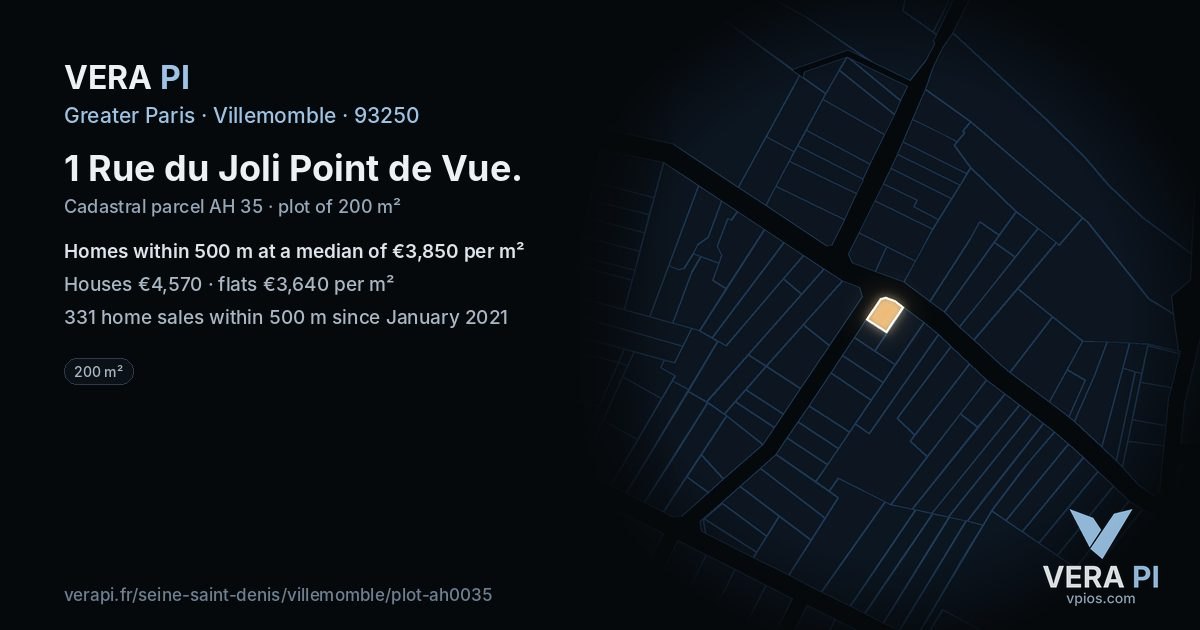 1 Rue du Joli Point de Vue, Villemomble at night – the plot lit, the parcels around coloured by the prices near them