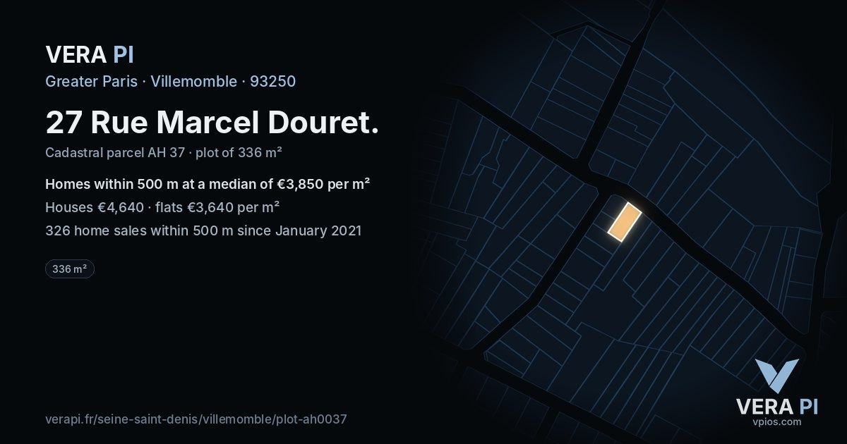 27 Rue Marcel Douret, Villemomble at night – the plot lit, the parcels around coloured by the prices near them