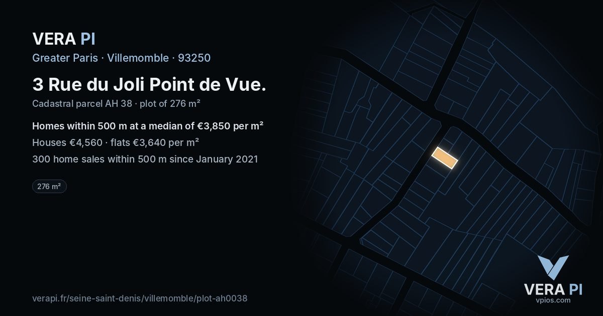 3 Rue du Joli Point de Vue, Villemomble at night – the plot lit, the parcels around coloured by the prices near them