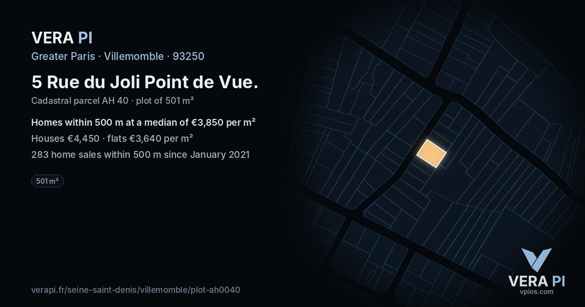 5 Rue du Joli Point de Vue, Villemomble at night – the plot lit, the parcels around coloured by the prices near them