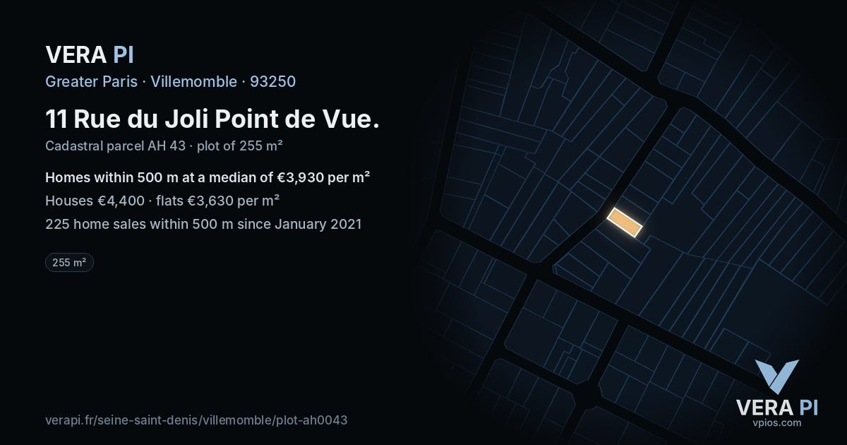 11 Rue du Joli Point de Vue, Villemomble at night – the plot lit, the parcels around coloured by the prices near them