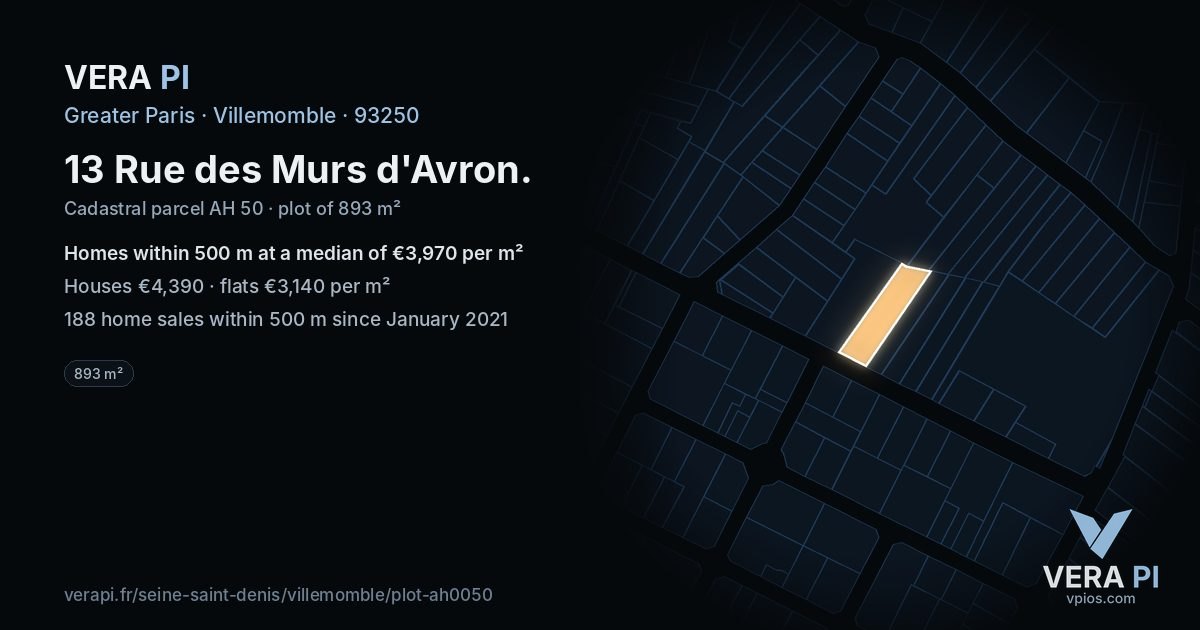 13 Rue des Murs d'Avron, Villemomble at night – the plot lit, the parcels around coloured by the prices near them