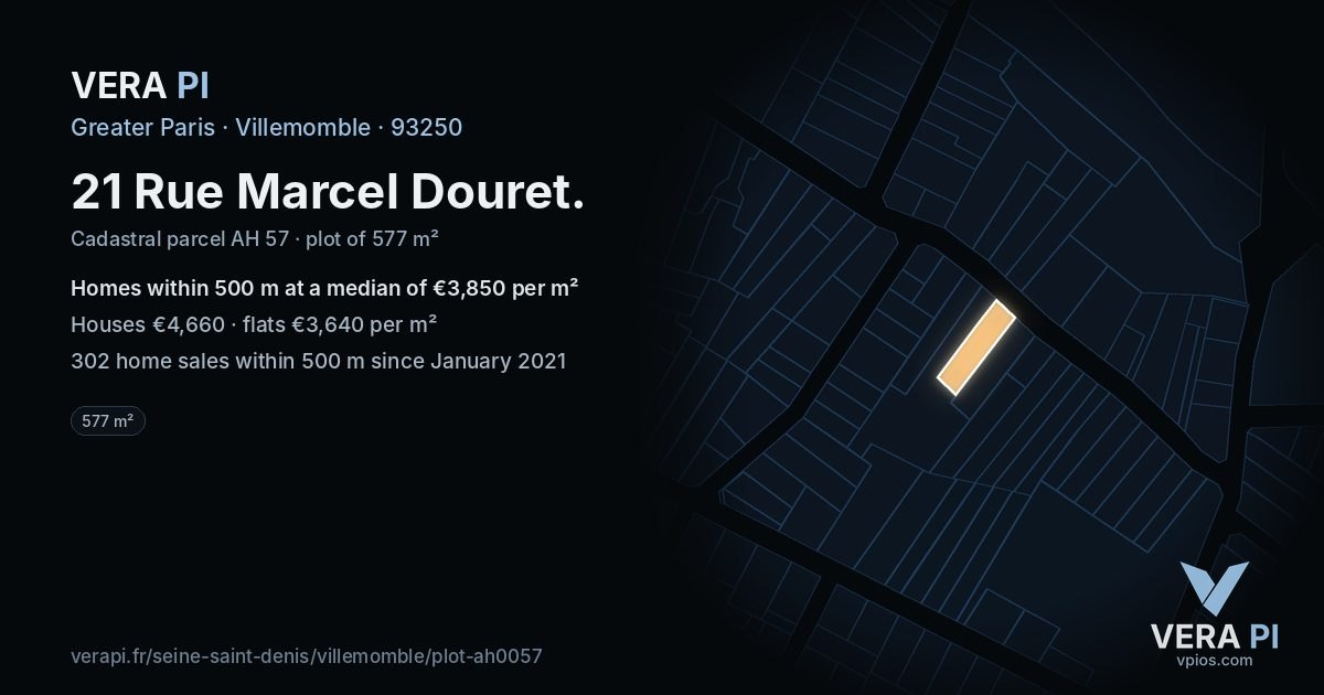21 Rue Marcel Douret, Villemomble at night – the plot lit, the parcels around coloured by the prices near them