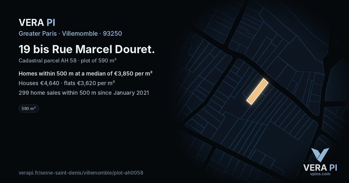19 bis Rue Marcel Douret, Villemomble at night – the plot lit, the parcels around coloured by the prices near them