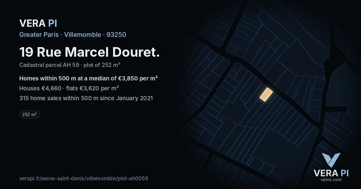 19 Rue Marcel Douret, Villemomble at night – the plot lit, the parcels around coloured by the prices near them