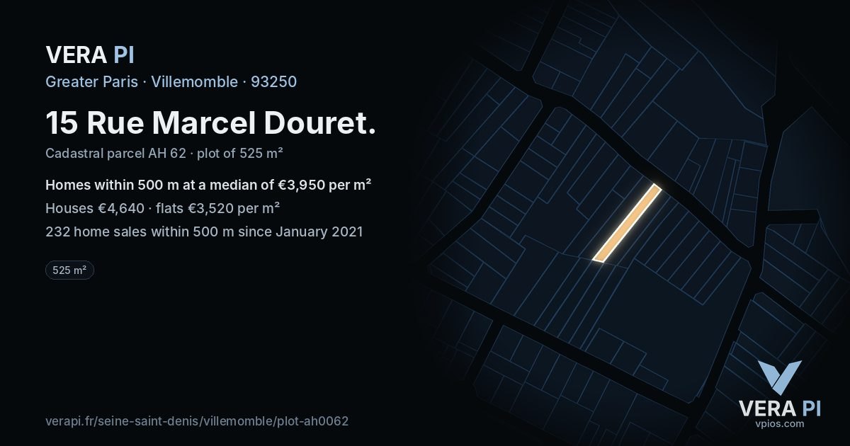 15 Rue Marcel Douret, Villemomble at night – the plot lit, the parcels around coloured by the prices near them