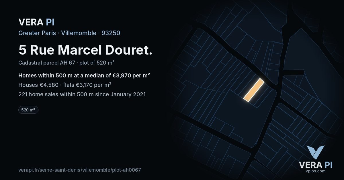 5 Rue Marcel Douret, Villemomble at night – the plot lit, the parcels around coloured by the prices near them