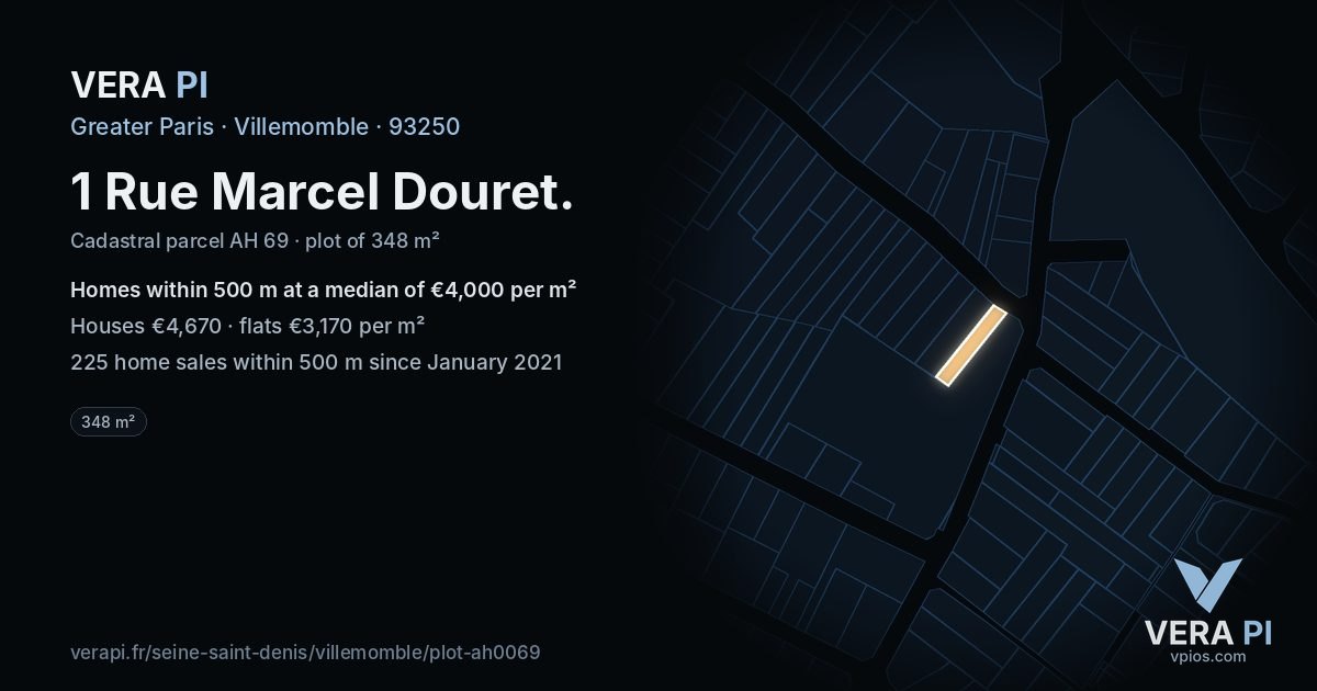 1 Rue Marcel Douret, Villemomble at night – the plot lit, the parcels around coloured by the prices near them