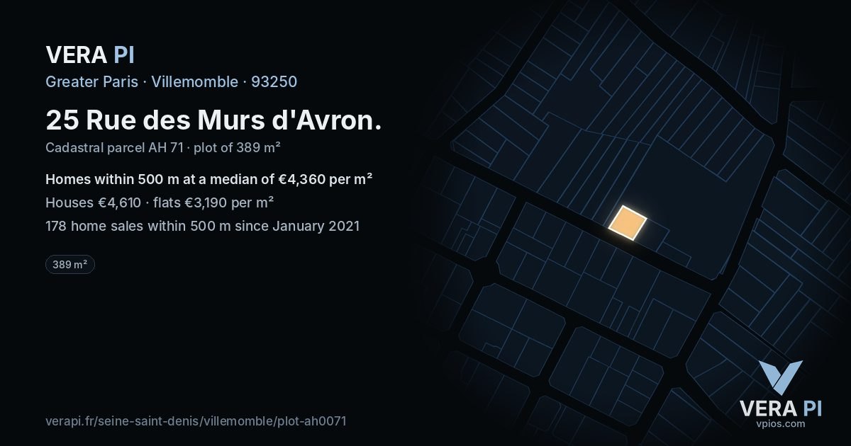 25 Rue des Murs d'Avron, Villemomble at night – the plot lit, the parcels around coloured by the prices near them