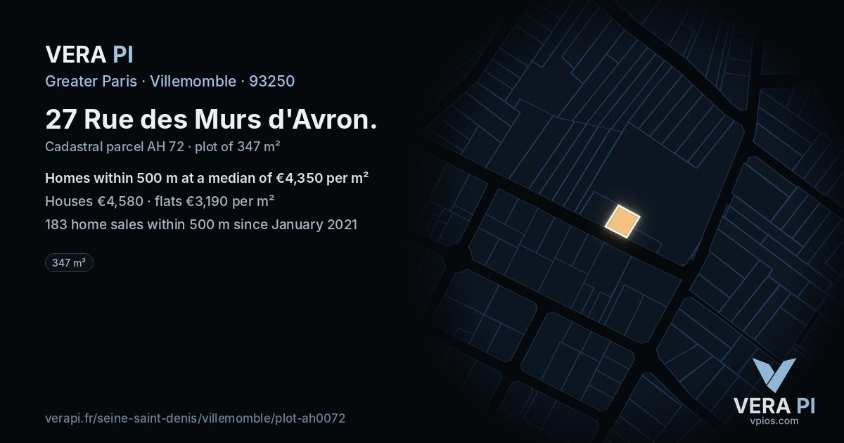 27 Rue des Murs d'Avron, Villemomble at night – the plot lit, the parcels around coloured by the prices near them