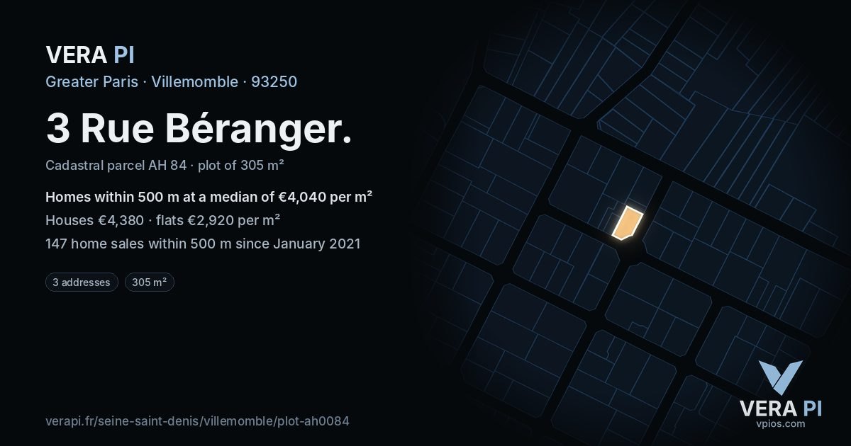 3 Rue Béranger, Villemomble at night – the plot lit, the parcels around coloured by the prices near them